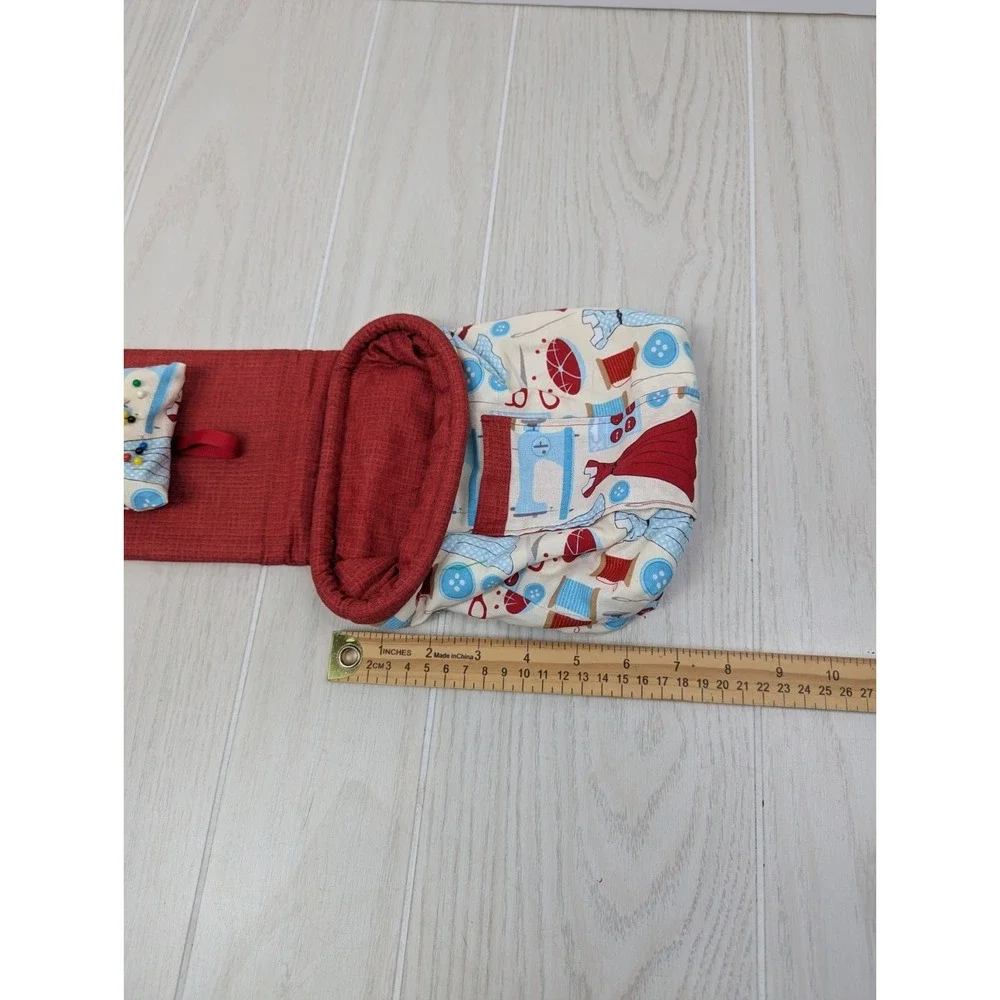 Small Chair Sofa Armrest Sewing Bag Attached Pin Cushion Red Blue Clothing Print